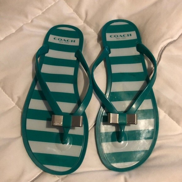 Coach Landon jelly stripped thong flip flops with bow with size 7 - Picture 1 of 7